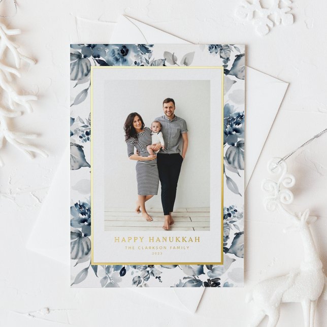 Watercolor Blue Flowers Happy Hanukkah Photo (Creator Uploaded)