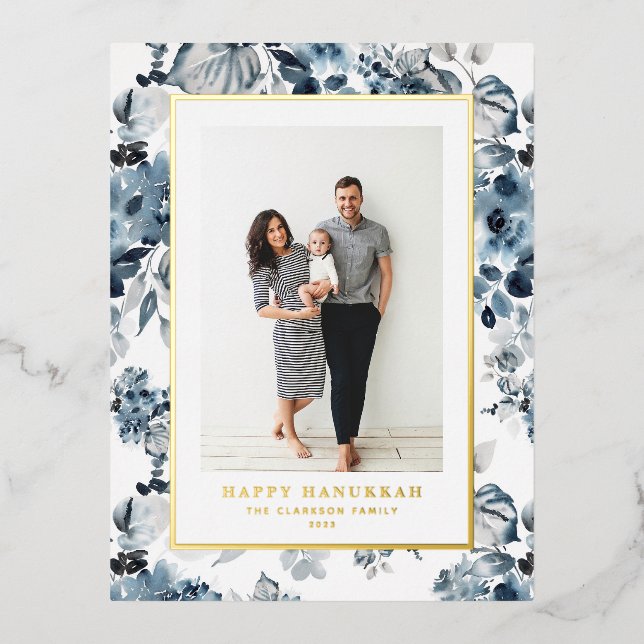 Watercolor Blue Flowers Happy Hanukkah Photo Foil Holiday Postcard (Front)
