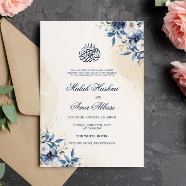 Watercolor Blue Flowers Islamic Muslim Wedding Invitation (Creator Uploaded)