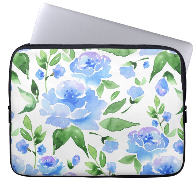 Watercolor blue flowers laptop sleeve (Front)