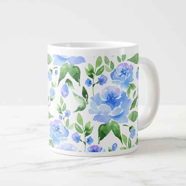 Watercolor blue flowers large coffee mug (Front Right)