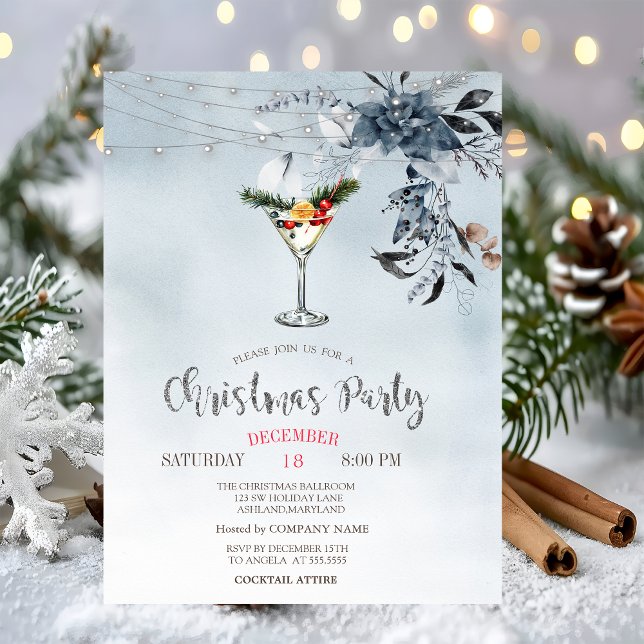 Watercolor Blue Flowers,Lights Cocktail Christmas  Invitation (Creator Uploaded)