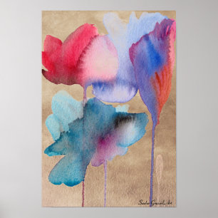 Watercolor blue flowers modern floral on taupe poster