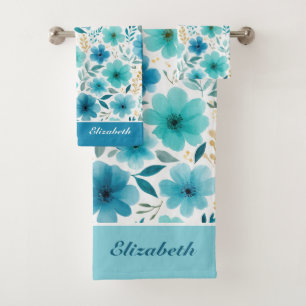 Watercolor Blue Flowers Monogrammed Name Floral Bath Towel Set