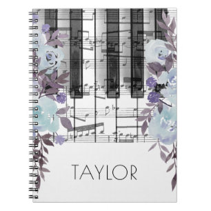 watercolor blue flowers music piano spiral notebook