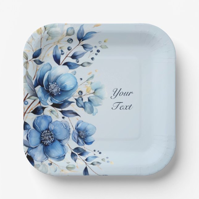 Watercolor Blue Flowers Paper Plate (Front)
