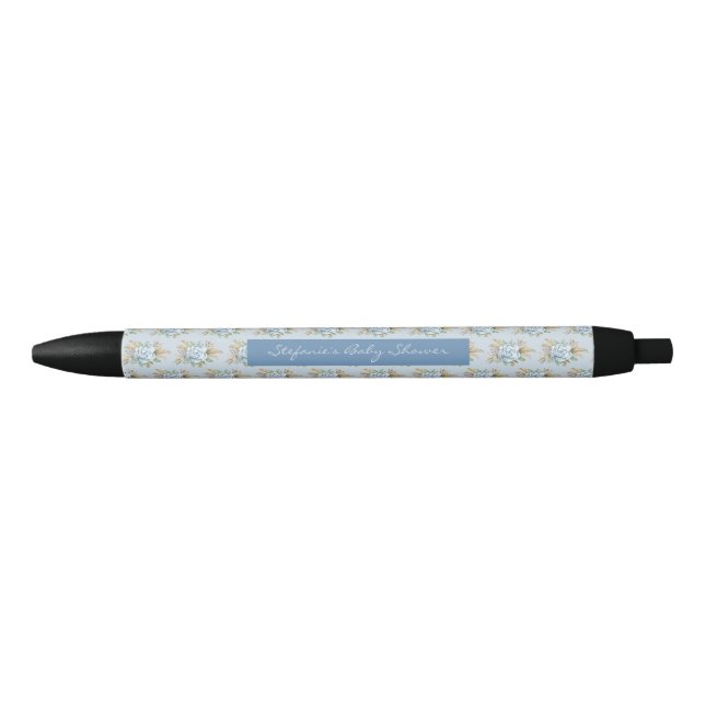 Watercolor Blue Flowers Pattern Baby Shower Favour Black Ink Pen (Front)
