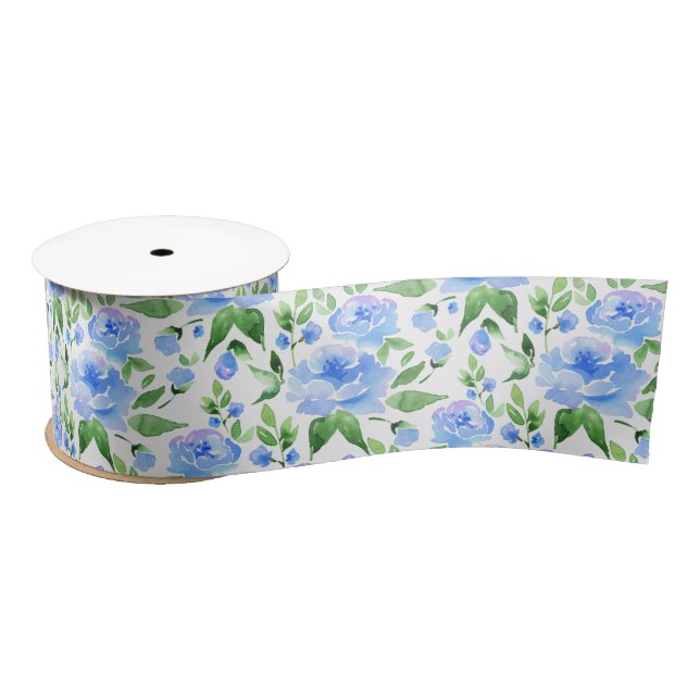 Watercolor blue flowers satin ribbon (Spool)