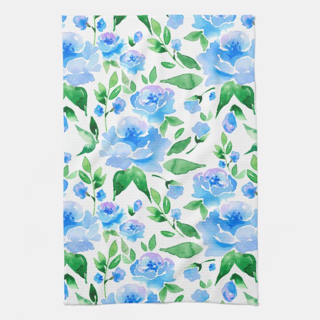 Watercolor blue flowers tea towel (Vertical)