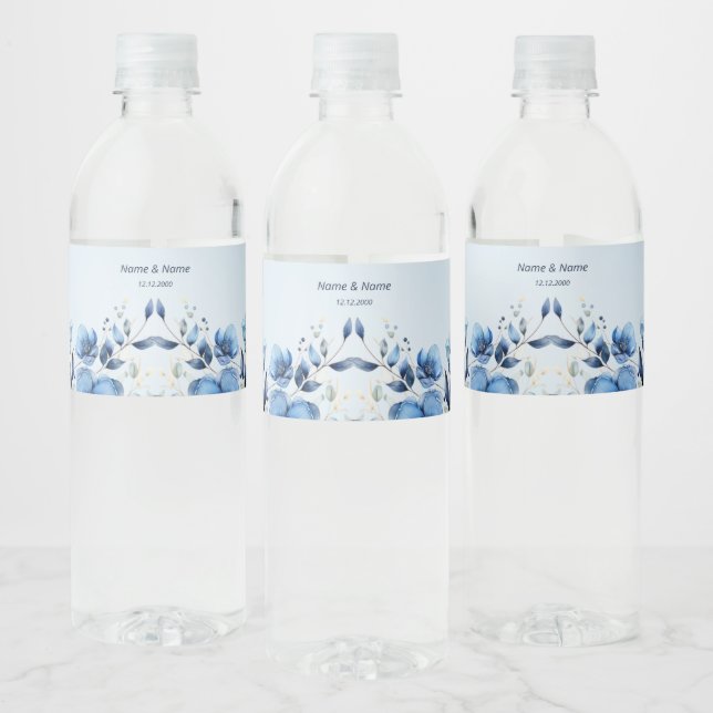 Watercolor Blue Flowers Water Bottle Label (Bottles)
