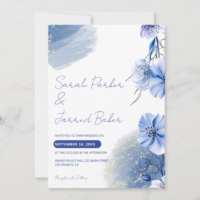 Watercolor Blue Flowers Wedding Invitation (Front)