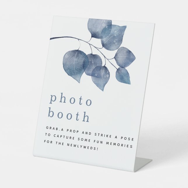 Watercolor Blue Foliage Photo Booth Wedding Pedestal Sign (Front)