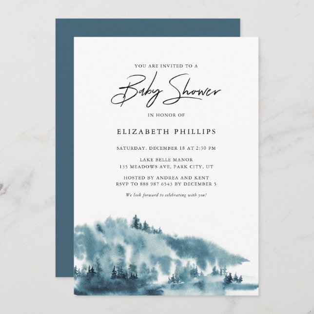 Watercolor Blue Forest Winter Baby Shower Invitation (Front/Back)