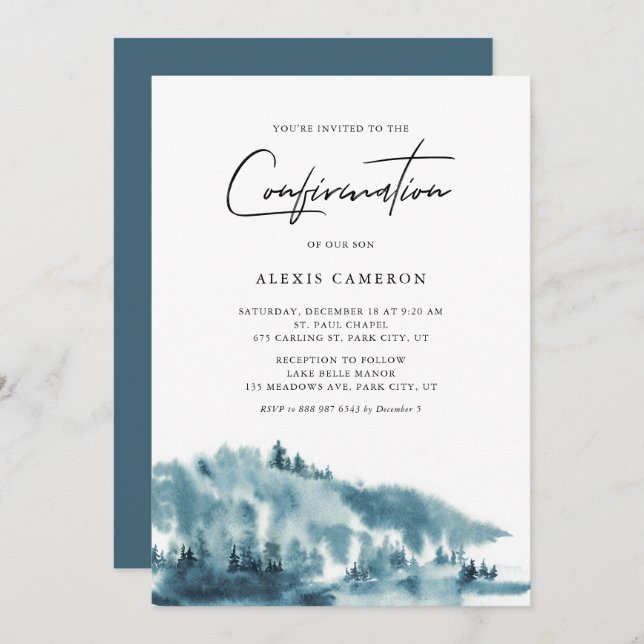 Watercolor Blue Forest Winter Confirmation Invitation (Front/Back)