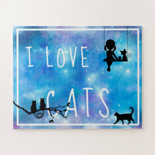 Watercolor Blue Galaxy Girl and Cats Jigsaw Puzzle