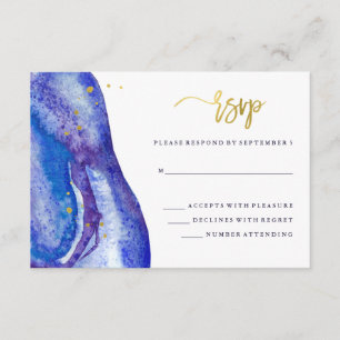 Watercolor Blue Geode and Faux Gold Wedding RSVP Card