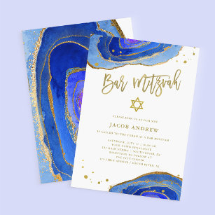 Watercolor Blue Geode with Gold   Bar Mitzvah Invitation