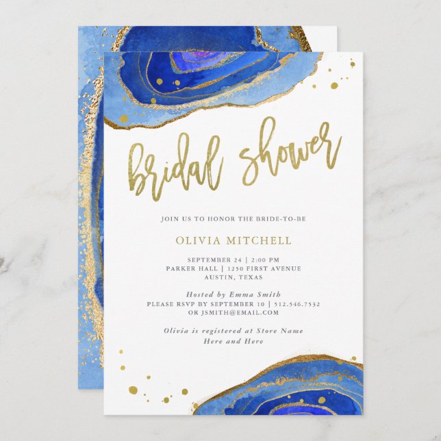 Watercolor Blue Geode with Gold | Bridal Shower Invitation (Front/Back)