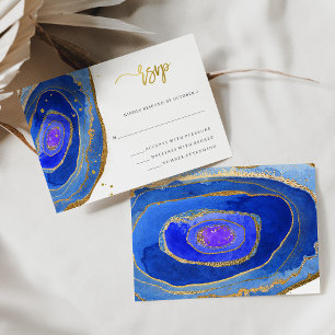 Watercolor Blue Geode with Gold Wedding RSVP Card