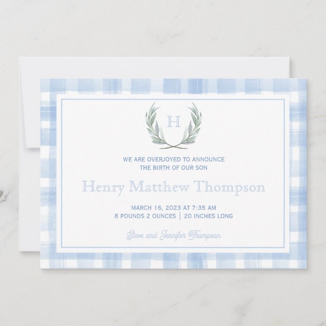 Watercolor Blue Gingham Laurel Crest  Announcement (Front)