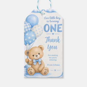Watercolor Blue Gingham Little Bear 1st Birthday Gift Tags