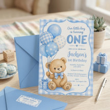Watercolor Blue Gingham Little Bear 1st Birthday