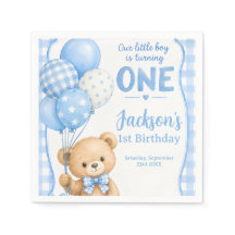 Watercolor Blue Gingham Little Bear 1st Birthday
