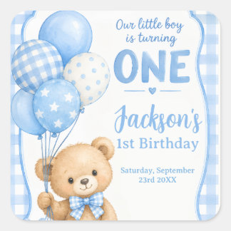 Watercolor Blue Gingham Little Bear 1st Birthday Square Sticker