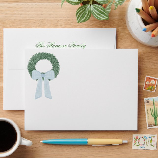 Watercolor Blue Gingham Sash Wreath Envelope (Desk)