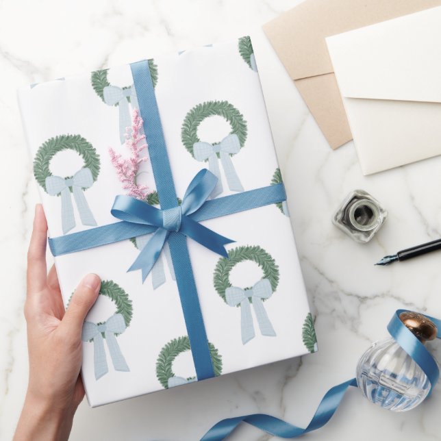 Watercolor Blue Gingham Sash Wreath Wrapping Paper (Gifting)