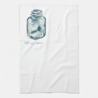 Watercolor blue glass canning jar. Kitchen towel