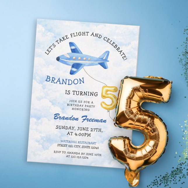 Watercolor Blue & Gold Airplane 5th Birthday Invitation (Creator Uploaded)