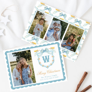 Watercolor Blue & Gold Angel Monogram Crest Photo Holiday Card