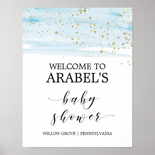 Watercolor Blue & Gold Baby Shower Welcome Poster (Front)
