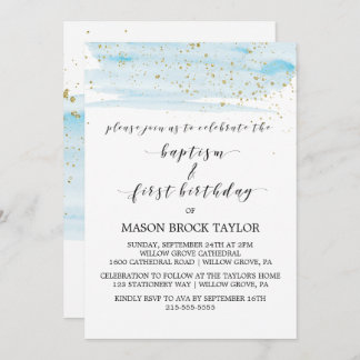 Watercolor Blue & Gold Baptism & 1st Birthday Invitation