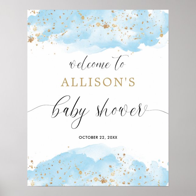 Watercolor blue gold boy baby shower welcome sign (Front)