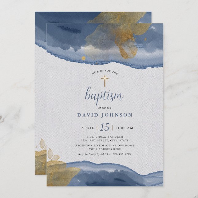  Watercolor Blue | Gold Boys Baptism Invitation (Front/Back)