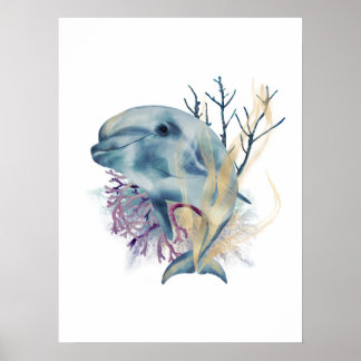 Watercolor Blue & Gold Dolphin Wall Art Poster