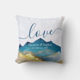 Watercolor Blue Gold Foil Mountain Outdoor Wedding Cushion