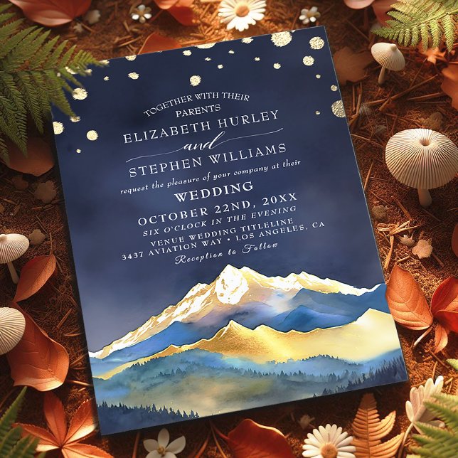 Watercolor Blue Gold Foil Mountain Outdoor Wedding Invitation (Creator Uploaded)