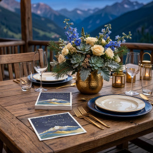 Watercolor Blue Gold Foil Mountain Outdoor Wedding Napkin