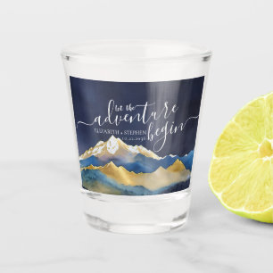 Watercolor Blue Gold Foil Mountain Outdoor Wedding Shot Glass