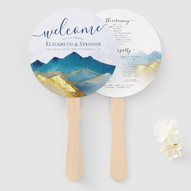Watercolor Blue Gold Foil Mountain Wedding Program Hand Fan (Front and Back)