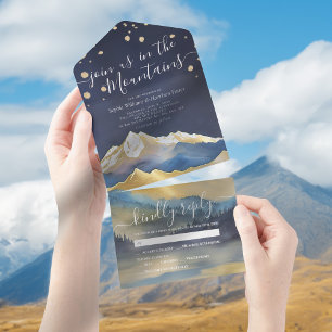 Watercolor Blue Gold Foil Mountains Wedding RSVP All In One Invitation