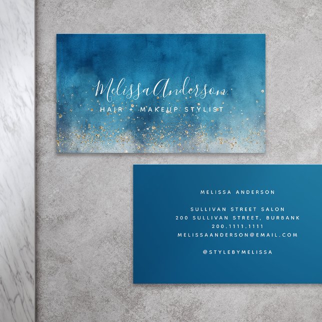 Watercolor Blue Gold Glitter Calligraphy  Business Card (Creator Uploaded)