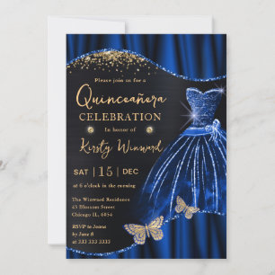 Watercolor Blue & Gold Glitter Dress Quinceanera Invitation