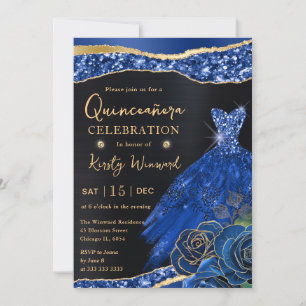 Watercolor Blue Gold Glitter Dress Quinceanera Invitation