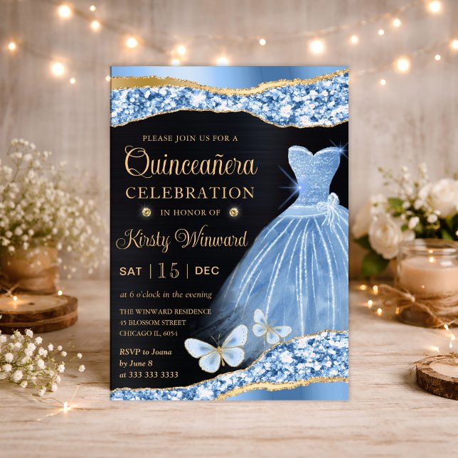 Watercolor Blue & Gold Glitter Dress Quinceanera Invitation (Creator Uploaded)