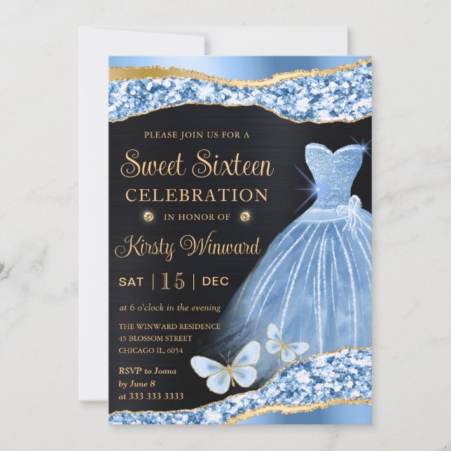Watercolor Blue & Gold Glitter Dress Sweet Sixteen Invitation (Front)