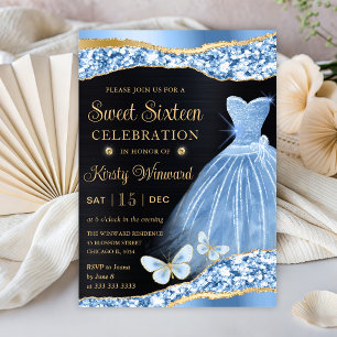 Watercolor Blue & Gold Glitter Dress Sweet Sixteen Invitation
